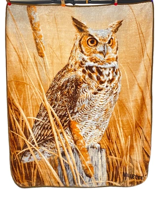 Manta de tiro de búho vintage años 70 marrón blanco neutro pájaro animal Millette polar Foto 1 de 4