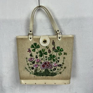 Selten Vintage Enid Collins Stil vierblättriges Kleeblatt Handtasche Holzboden - Bild 1 von 19