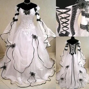 Gothic Wedding Dresses Long Sleeves Off Shoulder Black Lace Corset Bridal Gowns - Picture 1 of 7