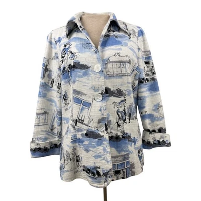 Jaqueta Blazer Feminina Dana Buchman Tamanho 8 Azul Branco Estampa de Cena Botão Frontal - Imagem 1 de 4