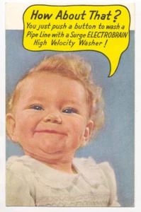 BIZARRE 1956 AD Postcard  Surge ELECTROBRAIN High Velocity Washer WACKY WEIRD! - Picture 1 of 2