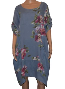 VASNA Linen Floral Blue Multicolor Short Roll Up Sleeve Front Pockets Dress L - Picture 1 of 11