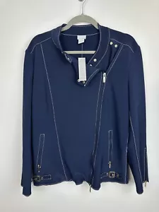 Chicos Jacket Womens 2 Moto Blazer Navy Blue Gold Tone Easy Chic Bonded Zip DR - Picture 1 of 14