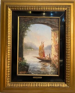 Dipinto antico olio su tavola, paesaggio lacustre, F. Mancini, XIX secolo - Imagen 1 de 8