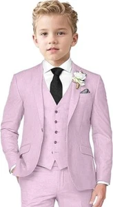 Boys Linen Suit 3 Piece Slim Fit Suits for Kids Formal Tuxedo Suits for Summer - Picture 1 of 35