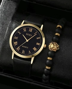 Watch Gift Set Men Gents Leather Strap Brown Black + 1 Lion Bracelet Watches UK - Picture 1 of 5
