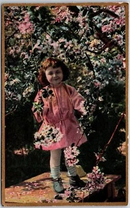 Cute Baby Girl Pink Dress Flower Garden Background Postcard - Picture 1 of 2