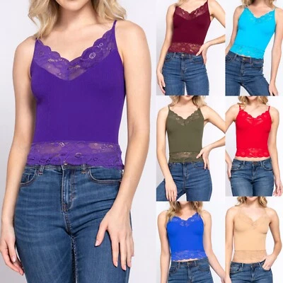 Womens Cropped Lace Camisole Tank Top Ribbed Stretch Adjustable Straps - Image 1 of 4