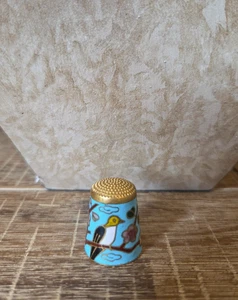Lovely Vintage Collectible Thimble Cloisonne Magpie Bird/Bronze Tone/Blue Enamel - Picture 1 of 6