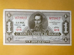 Banco Central de Bolivia 1928 1 Boliviano Note UNC Simon Bolivar Q16 Series - Picture 1 of 2