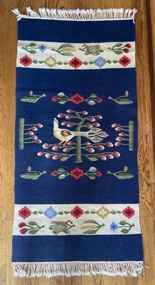Vintage Hand Woven  Pictorial Wall Hanging Wool Tapestry Kilim Rug Tree Bird - Image 1 of 4