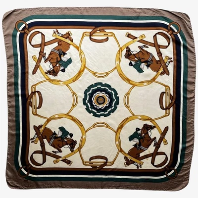 Vintage 80s Longchamp Equestrian Print Silk Scarf Shawl Horse Riding Racing Polo - Image 1 of 4