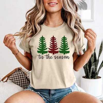 Tis The Season Christmas Plaid Trees Womens T-Shirt Holiday Graphic - Image 1 of 2