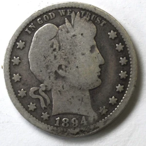 Cuarto de dólar de plata barbero 1894 25c veinticinco centavos Filadelfia dañado - Imagen 1 de 2