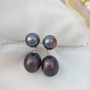 Aretes colgantes genuinos naturales de 7-8 mm 9-10 mm negros de doble perla de Tahití - Imagen 1 de 6