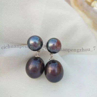 Aretes colgantes genuinos naturales de 7-8 mm 9-10 mm negros de doble perla de Tahití Foto 1 de 4