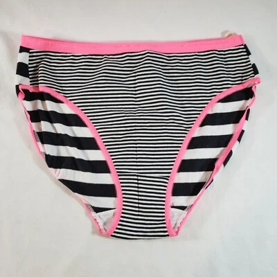 Victoria's Secret High Leg Brief XL Black White Pink Stripe Picot Band Signature - Image 1 of 3