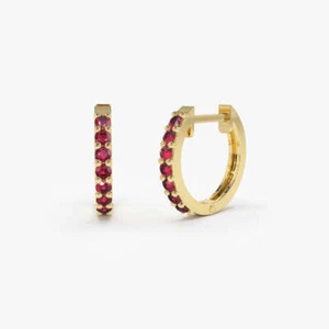10k Solid Gold With Red Ruby Huggie Hoop Women Earrings - Picture 1 of 5