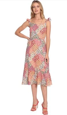 Donna Morgan 女式无袖荷叶肩带连衣裙 16W 码花卉拼布仙女 — 第 1/4 张图片