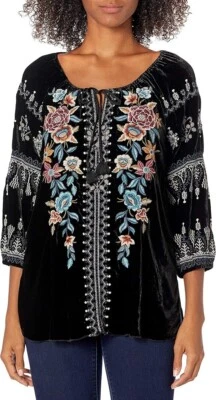 NEW JOHNNY WAS VELVET HEAVILY EMBROIDERED PEASANT BLOUSE TUNIC SMALL MEDIUM $398 - Image 1 of 4