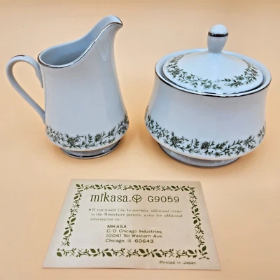 Mikasa Montclair Creamer Sugar Bowl with Lid G 9059 Green Floral Vine Japan - Image 1 of 4