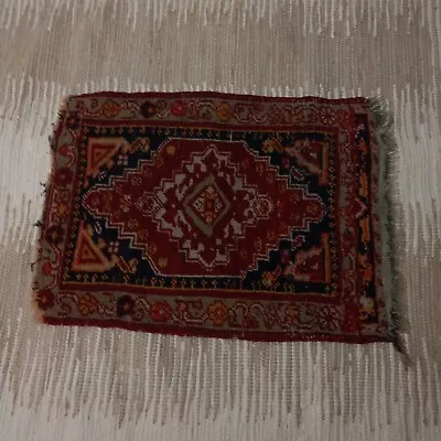 Floor Wool Turkish Area Rug 2.3 x 1.75 ft Vintage Doormat Distressed Red Blue - Image 1 of 4