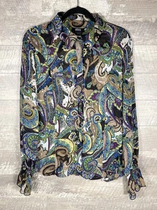 Fall Toned Sheer Paisley Floral Ruffle Balloon Sleeve Button Blouse Size L Boho - Picture 1 of 23
