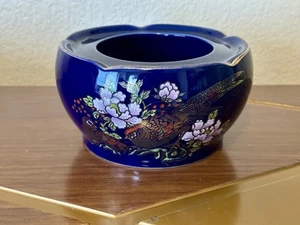 Vintage Large Cobalt Blue Porcelain Ash Tray Birds & Florals 7" Dia 3.5" Tall - Picture 1 of 8