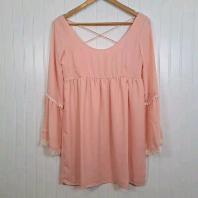 Nuevo con etiquetas Mini Vestido Lulus Lucy Love Babydoll Juniors S Rosa Gasa Mangas Largas Campana Foto 1 de 4
