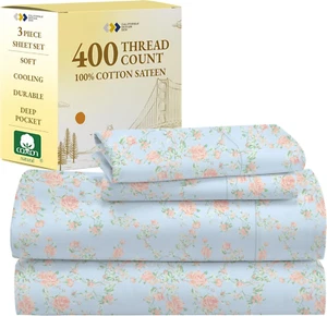 Floral Sheets for Twin-Xl Size Bed - 100% Cotton Sheets Set, Luxury 400 Thread C - Picture 1 of 9