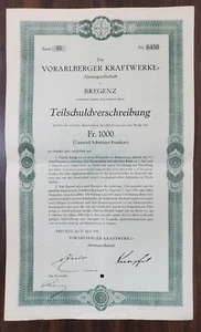 AUSTRIA 1,000 SWISS FRANCS 1930 PERFORATED,BOND VORARLBERGER KRAFTWERKE,TEILSCHU - Picture 1 of 2