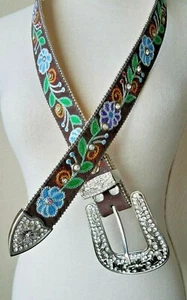 Blazin Roxx Western Belt Embroidered Floral Vine with Rhinestones & Borealys 34" - Picture 1 of 12