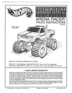 Vintage 1991 HOT WHEELS BIGFOOT Champions ARENA RACER Instruction Sheet Mattel