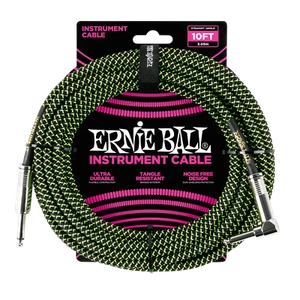 Ernie Ball PO6077 Braided Instrument Cable 10 Ft. BLACK GREEN 749699100317 - Picture 1 of 1