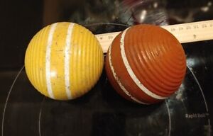 2 VINTAGE WOODEN CROQUET BALLS 1 Yellow and 1 Red Two White Rings