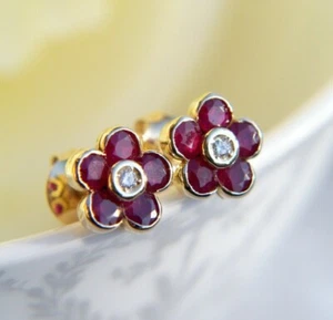 2Ct Round Cut Simulated Red Ruby Flower Stud Earrings In 14K Yellow Gold Plated - Picture 1 of 5