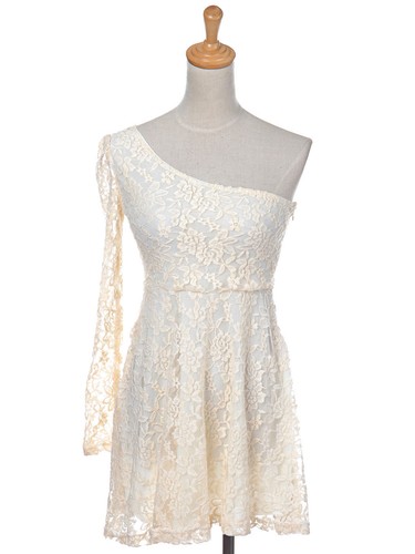 OFF WHITE Abito stile romantico in pizzo monospalla bianco sporco vestibilità S M bellissimo