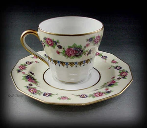 Limoges C. Ahrenfeldt Porcelain Yellow Floral Border Demitasse Cup & Saucer - Bild 1 von 6