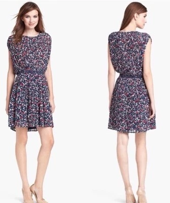 Vestido Joie Halsette 100% Seda Floral Plisado Blusa Forrado Cuello Barco Azul Marino Talla S Foto 1 de 4