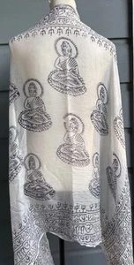 Sheer Cotton White Gauze w Black Block Print -Buddhas & Ohm Shawl- India - Picture 1 of 5
