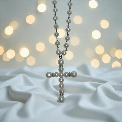 Hermoso Collar Cruz Perla Agua Dulce Grande 18k 925 17" Foto 1 de 4