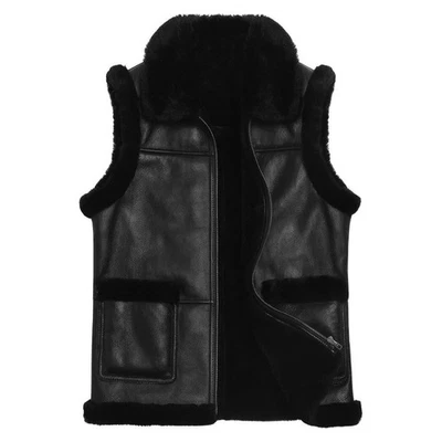 Men's Black Shearling Leather Vest Jacket Real Sheepskin Fur Collar Winter Warm - Image 1 of 3