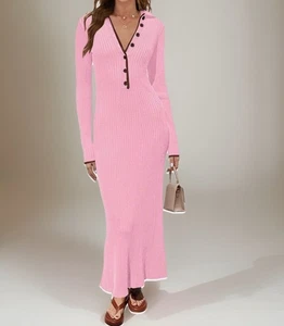 NEW Women's Long Sleeve Maxi Dress Button Knit Slim Fit Pink Sz Large (fitted) - Picture 1 of 7