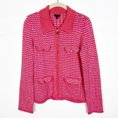 Talbots 领拉链开衫仪表板条纹粉色橙色 S 码经典 — 第 1/4 张图片