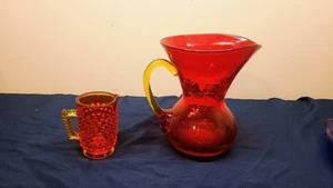 Fenton Hobnail Amberina Creamer Mini Pitcher & Crackle Glass Pitcher - Picture 1 of 4