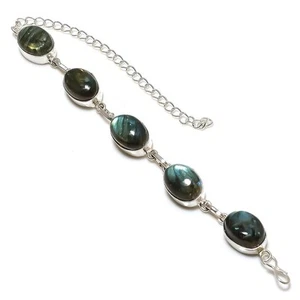 Labradorite Gemstone Handmade 925 Sterling Silver Bracelet 7-8" - Picture 1 of 5