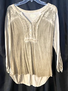 Vintage America Womens Large Beige Boho V Neck Top Tab Sleeve High Low Shirt - Picture 1 of 5