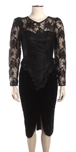 VINTAGE Size 7/8 Black Velvet Lace 80's Prom Dress, Bow, Open Back, Front Slit - Picture 1 of 12