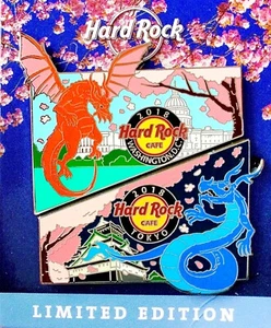 2018 HARD ROCK CAFE WASHINGTON DC & TOKYO CHERRY BLOSSOM DRAGONS 2 PIN LE SET - Bild 1 von 4