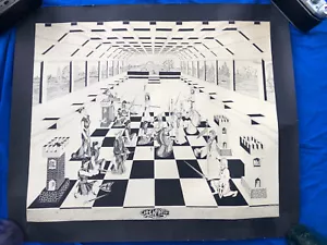 Vintage Pointillist Surrealist Print 1973 DICK BOAK 21 X 24.75” Chess Checkmate - Picture 1 of 17